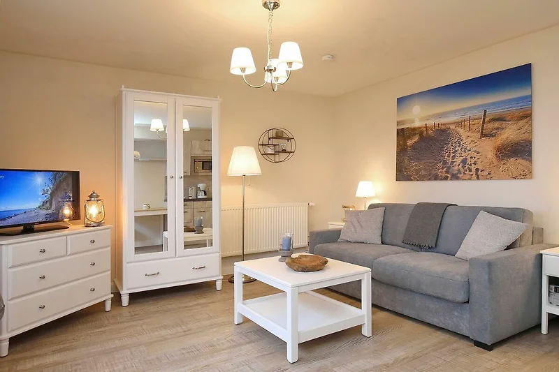 Wohnzimmer mit Schlafcouch und TV