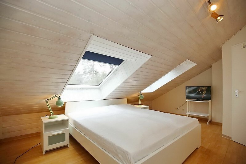 zweites Schlafzimmer mit Doppelbett und TV