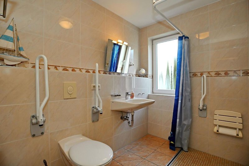 behindertenfreundliches Badezimmer mit Dusche und WC