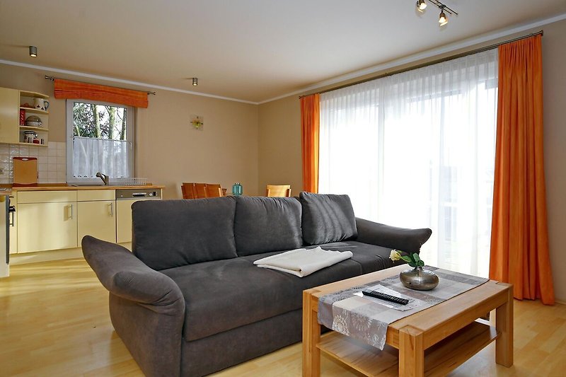 Wohnzimmer mit Couch und Küchenzeile