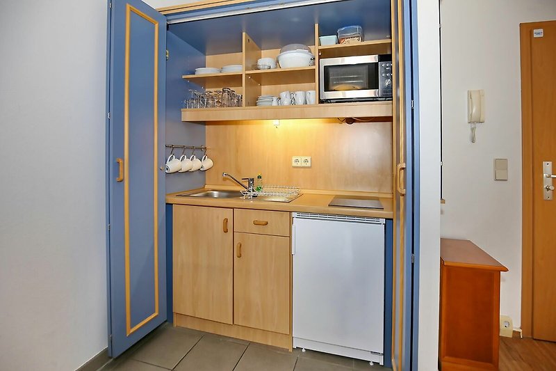 Küchenzeile mit Kühlschrank und Mikrowelle