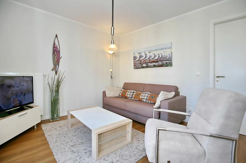 Wohnzimmer mit Schlafcouch und TV