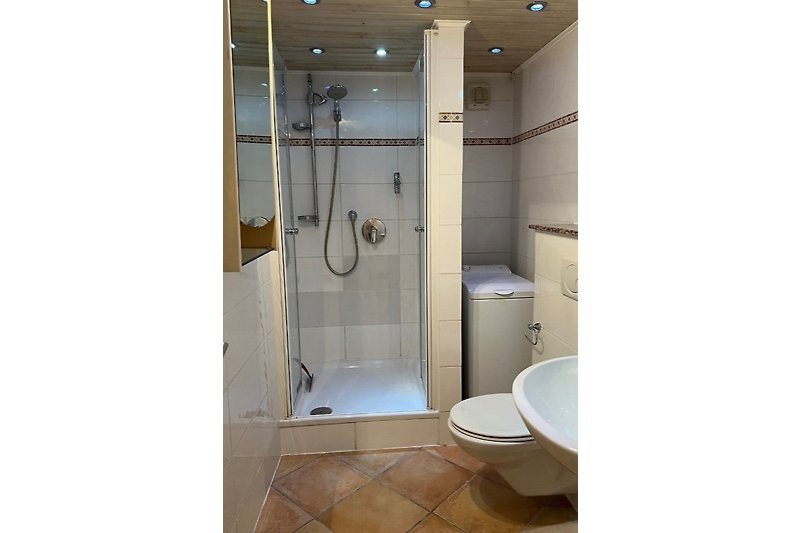 Badezimmer mit Dusche, Toilette und Waschbecken. Modernes Design mit Fliesen und Glas.