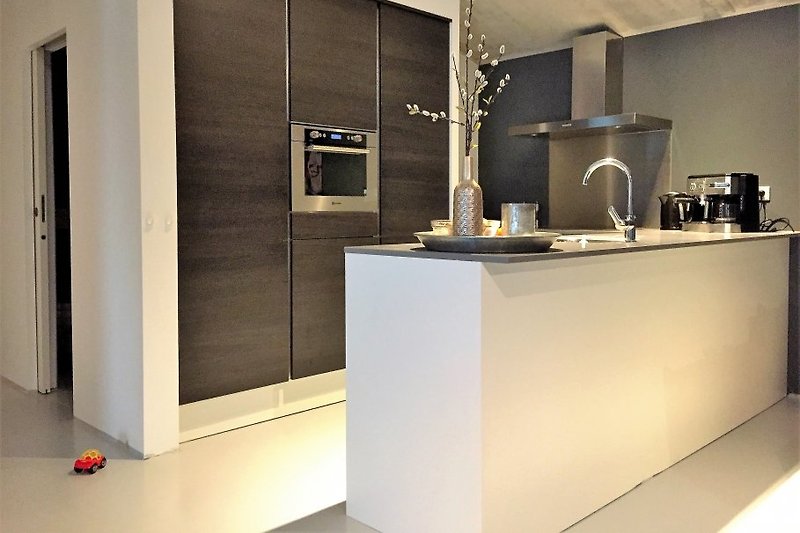 Modern Kitchen with luxury equimpent like micro-oven, fridge, induction, dishwasher, juicer, espressomaker