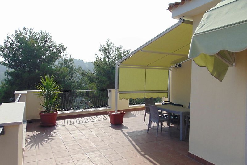 Sonnige Terrasse mit Pflanzen und gemütlichem Outdoor-Mobiliar.