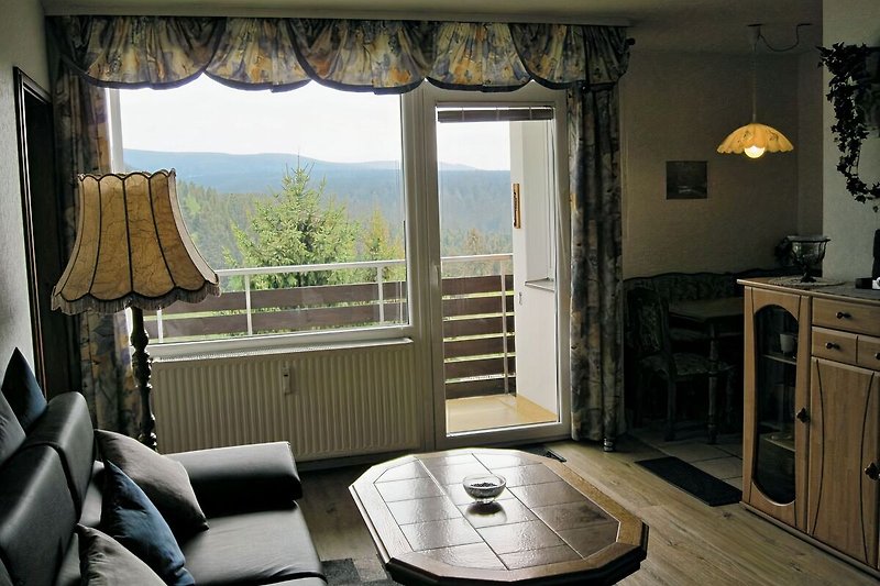 Wohnzimmer mit Blickzur Essecke und auf die Berge