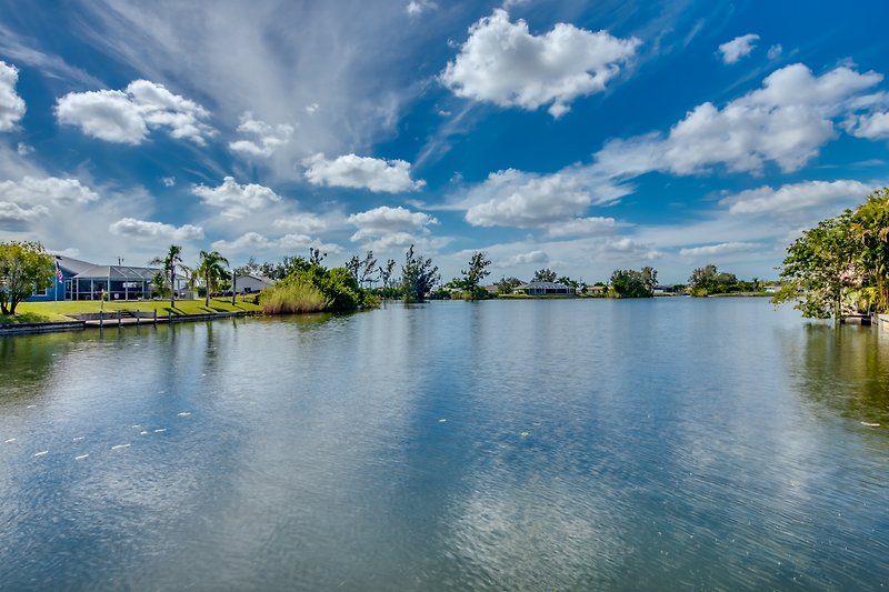Schöne Aussicht auf einen See mit Palmen und grüner Landschaft.