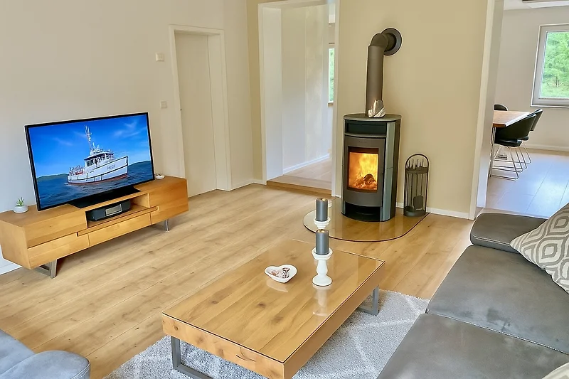 Gemütliches Wohnzimmer mit Kamin und Flat-TV