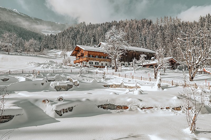 Blick auf verschneite Berge, gemütliches Haus mit großen Fenstern. Perfekt für den Winterurlaub.