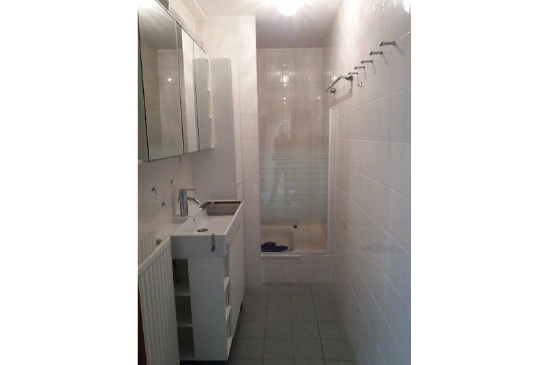 Bathroom with shower and sink.