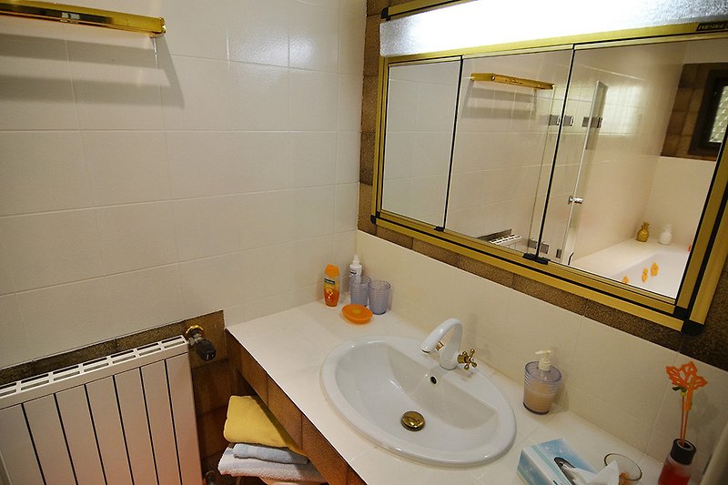 Badbereich mit Spiegel und Waschbecken
