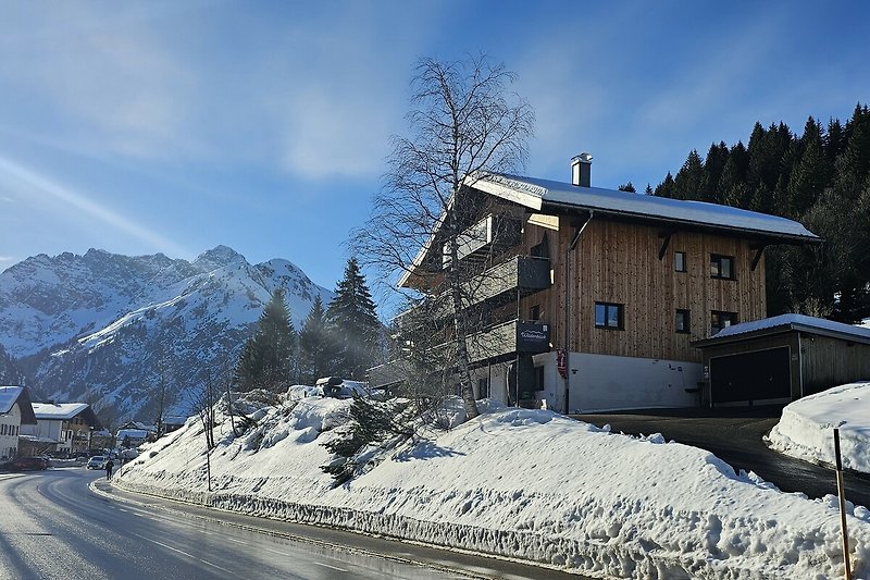 Gemütliches Haus mit verschneitem Bergblick und Fenstern.