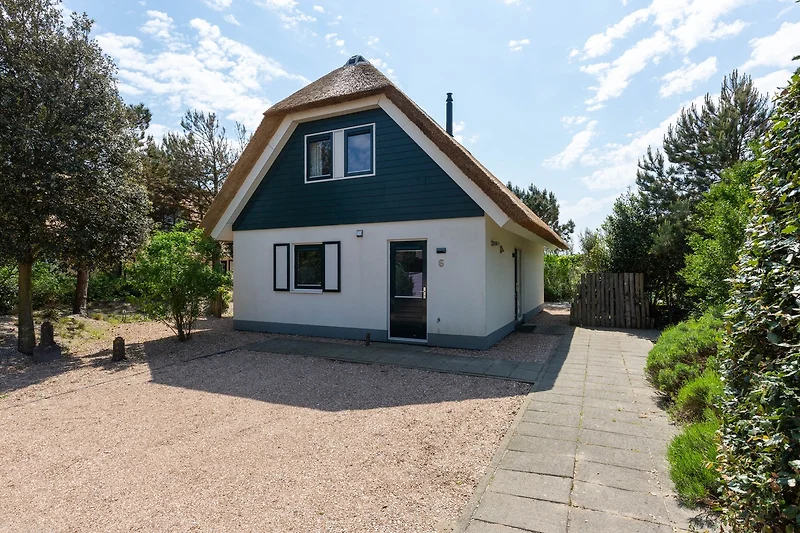 Geräumiges Ferienhaus mit rotem Dach, Hof und separatem Geräteschuppen.