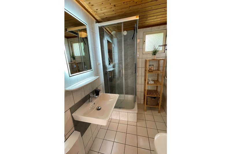 Modernes Badezimmer mit Holzakzenten und großen Fenstern.