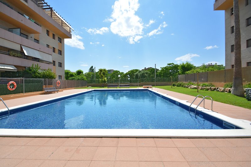 Luxuriöser Pool mit Palmen, moderner Fassade und azurblauem Himmel.