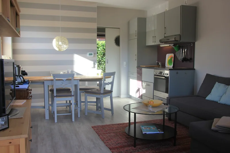 Großzüges Wohn.-Esszimmer, (Schlaf-)Sofa und LCD-Fernseher, Sonnenschein am Nachmittag