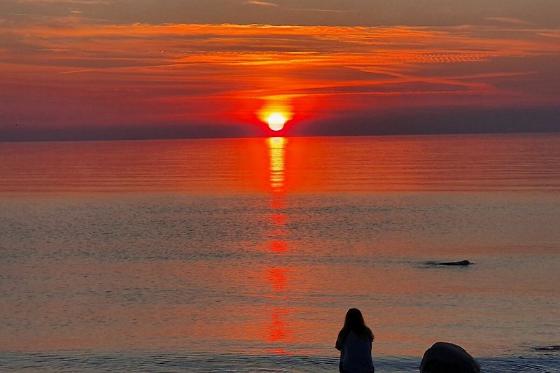 Ein ruhiger Abend am Meer mit einem atemberaubenden Sonnenuntergang.