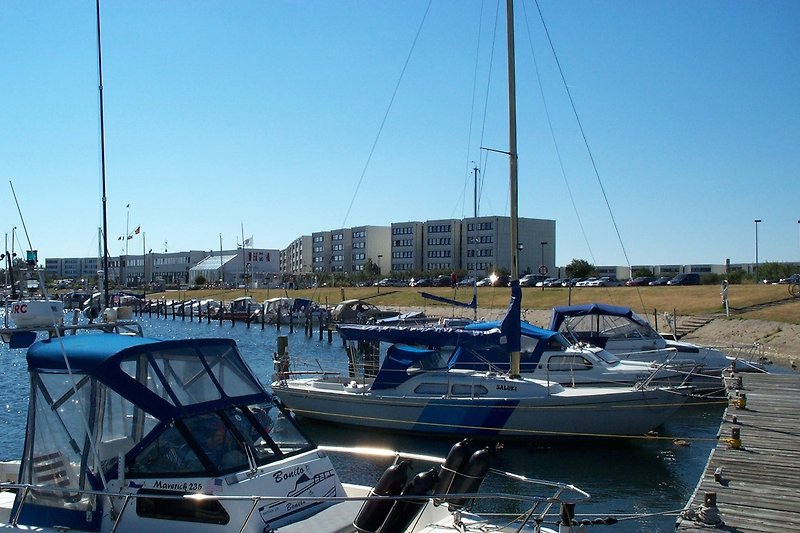 Hafenblick mit Segelbooten und Yachten vor malerischer Küstenstadt.