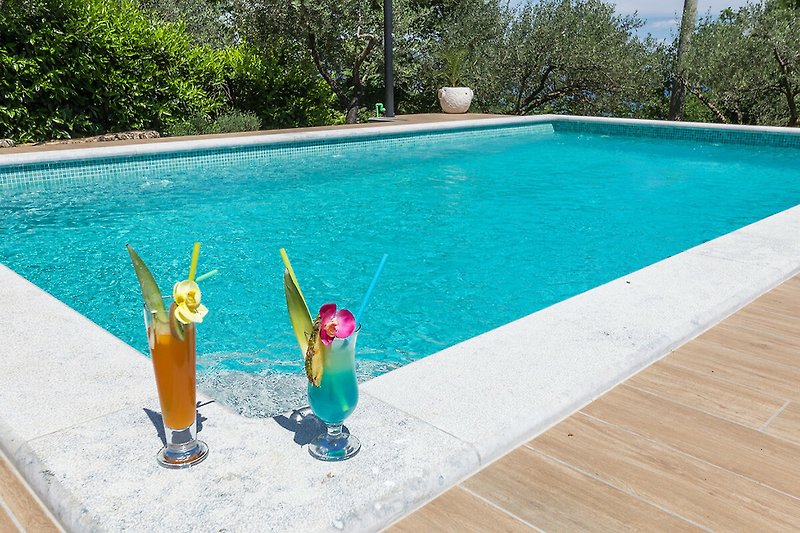 Erfrischendes Schwimmbad mit grüner Landschaft und Glasdetails.