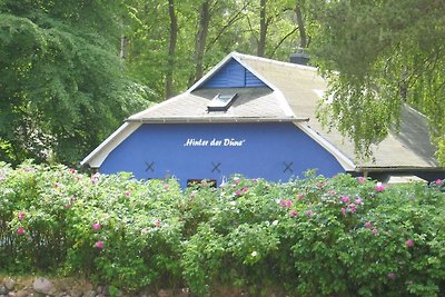 Blaues Strandhaus hinter der Düne