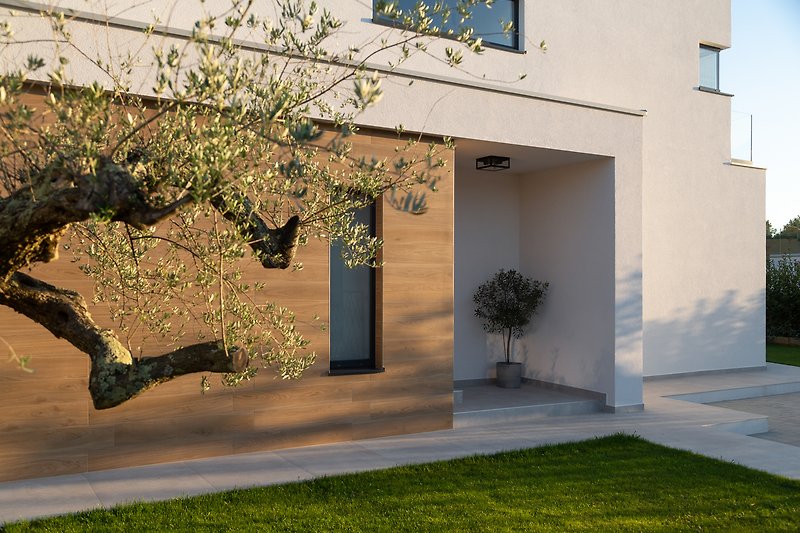 Schönes neues Haus mit stilvollem Design, umgeben von Natur und einem gepflegten Garten.