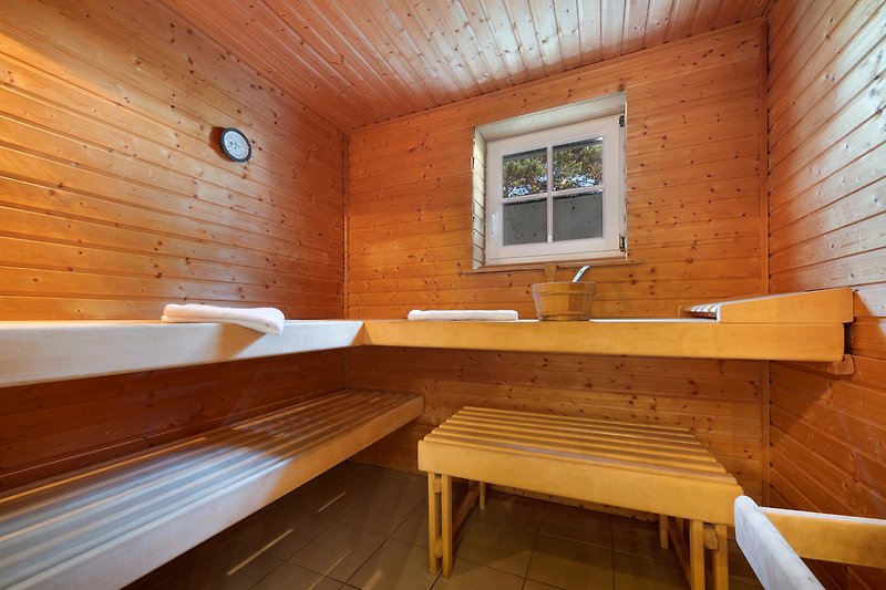 Sauna mit Ruhebereich und Dusche im Haus.