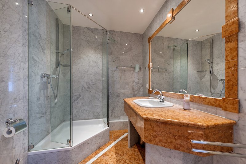 The marble-tiled shower bathroom with toilet.