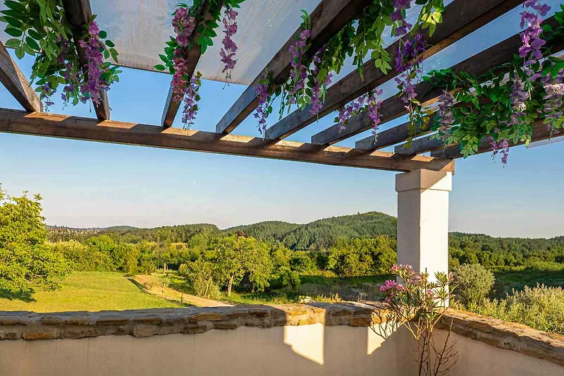 Überdachte Sitzecke im Garten mit Pergola und Holzträgern.