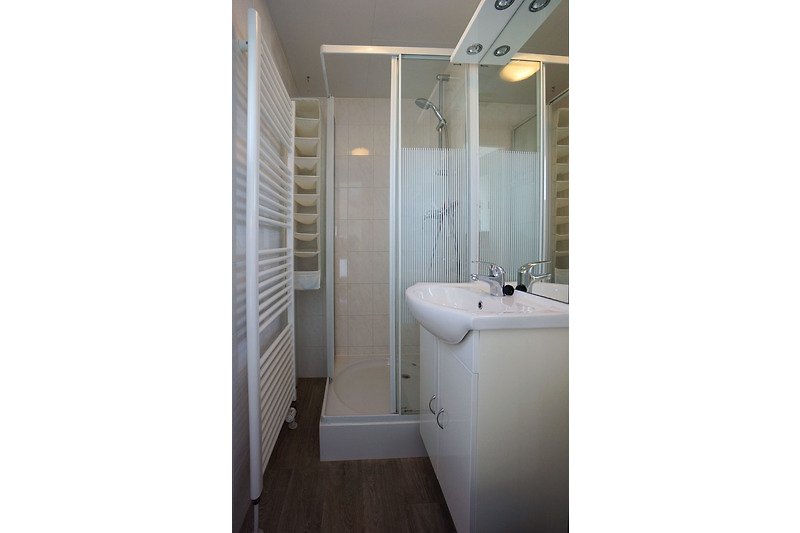 Modernes Badezimmer mit Spiegel, Waschbecken und Glasdusche.