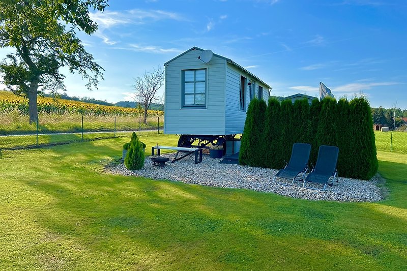 Gemütliches Bauernhaus mit grünem Garten, Bäumen und Wiese.