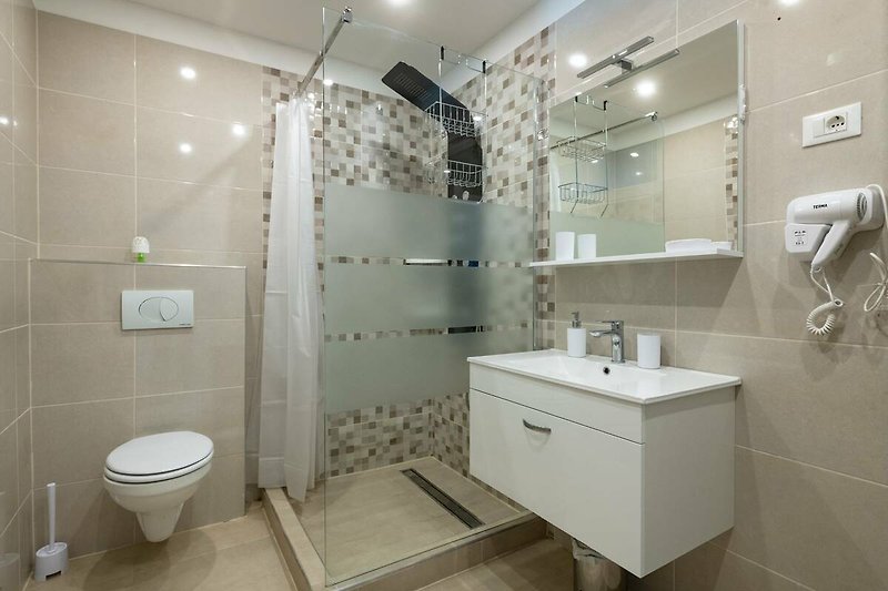 Stilvolles Badezimmer mit moderner Dusche und elegantem Waschbecken.
