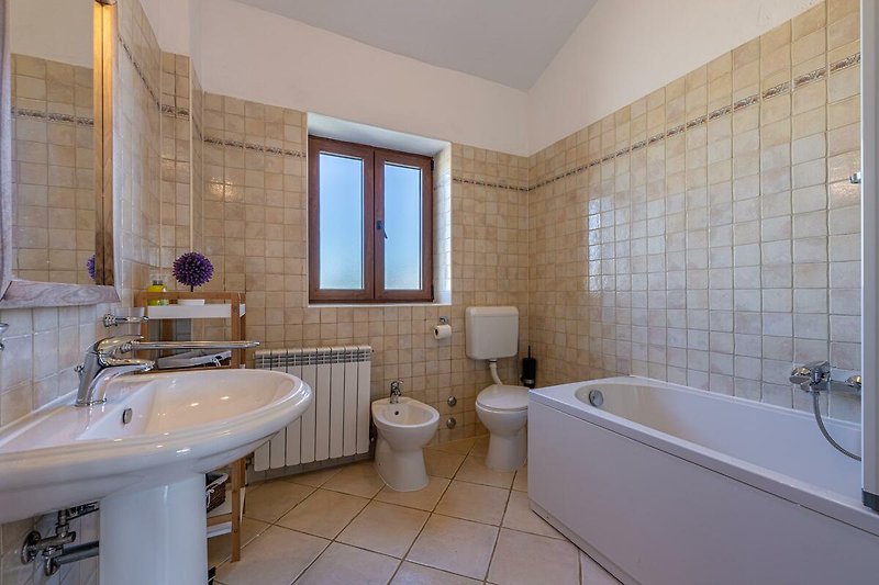 Gemütliches Badezimmer mit lila Waschbecken und Spiegel.