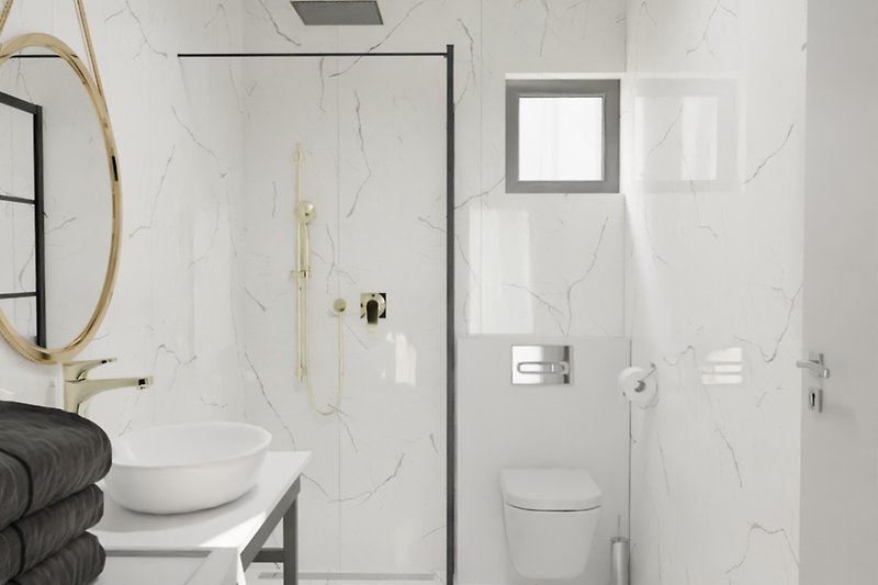 Luksuzna kupaonica s modernim namještajem i elegantnim pločicama.