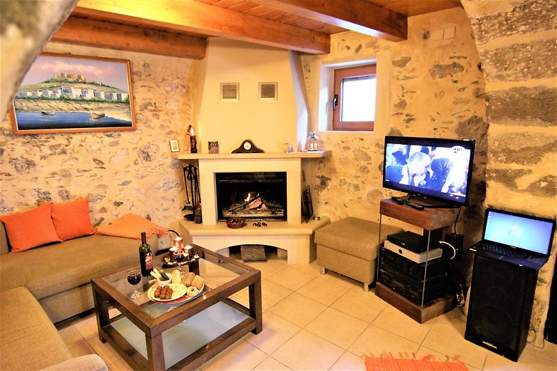 Our fire place and satelite TV!