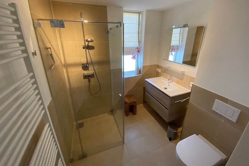 Badezimmer 2 mit Glasdusche, Waschtisch und WC 