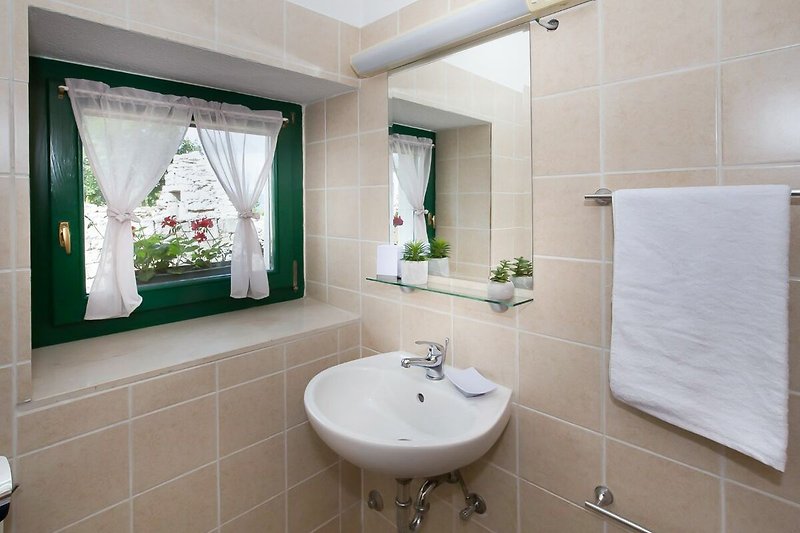 Modernes Badezimmer mit Waschbecken, Wasserhahn, Dusche und Spiegel.