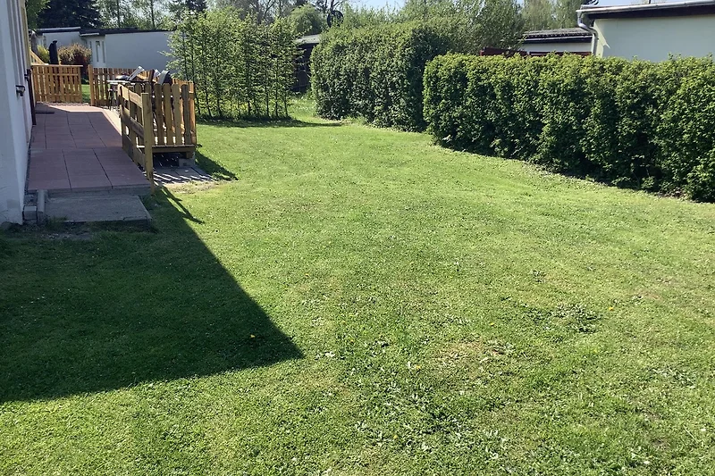 Grüner Garten mit Hecken und gepflegtem Rasen.