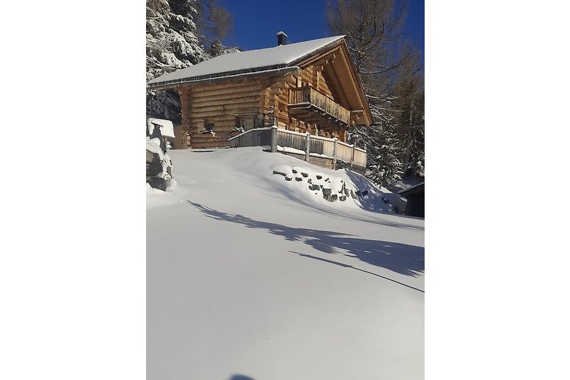 Gemütliches Holzhaus mit Blick auf verschneite LandWinterimpresschaft, umgeben von Bäumen und einem winterlichen Himmel.