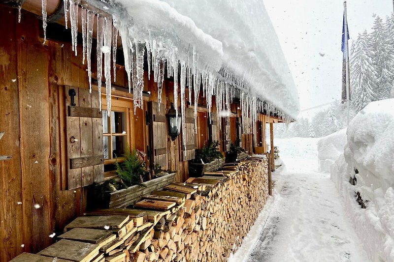 Gemütliches Haus mit Holzfassade, umgeben von verschneiter Natur und malerischer Landschaft.