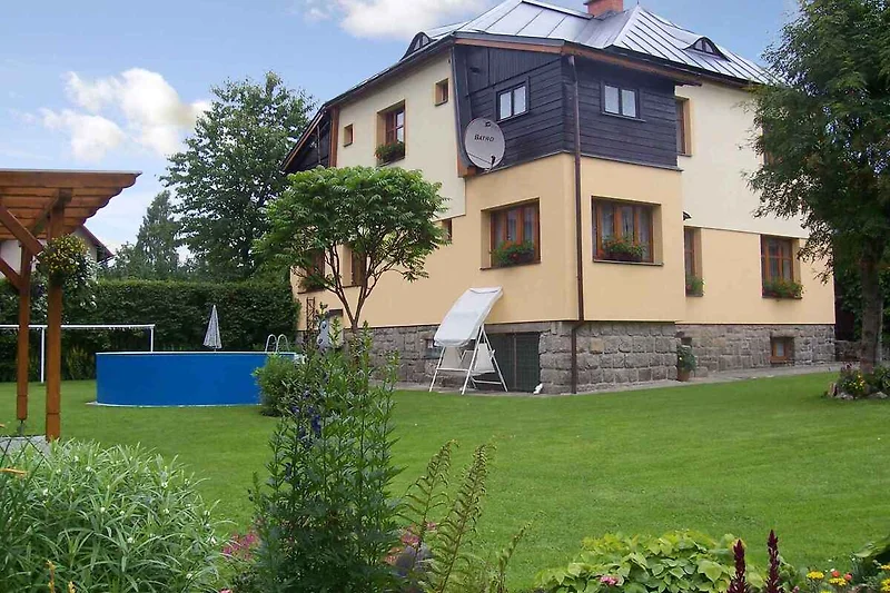 Aussenansicht mit Pool und Garten