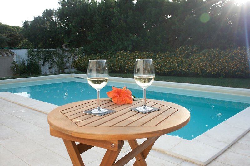 Schwimmbad mit Outdoor-Möbeln, Pflanzen und Glaswaren. Sommerlicher Genuss.