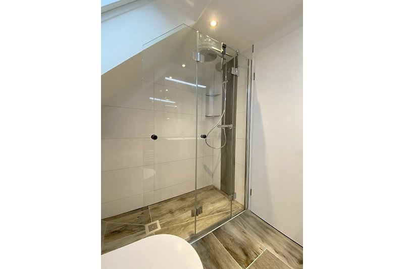 Moderne Dusche mit Glaswand und Aluminiumdetails. Klare Linien. Neu in 2024
