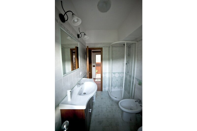 Badezimmer mit Spiegel, Holz und Metall.