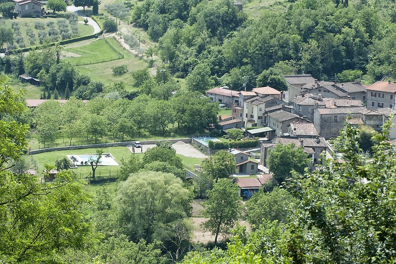 Blick auf Dorf mit grüner Landschaft und Bergpanorama.