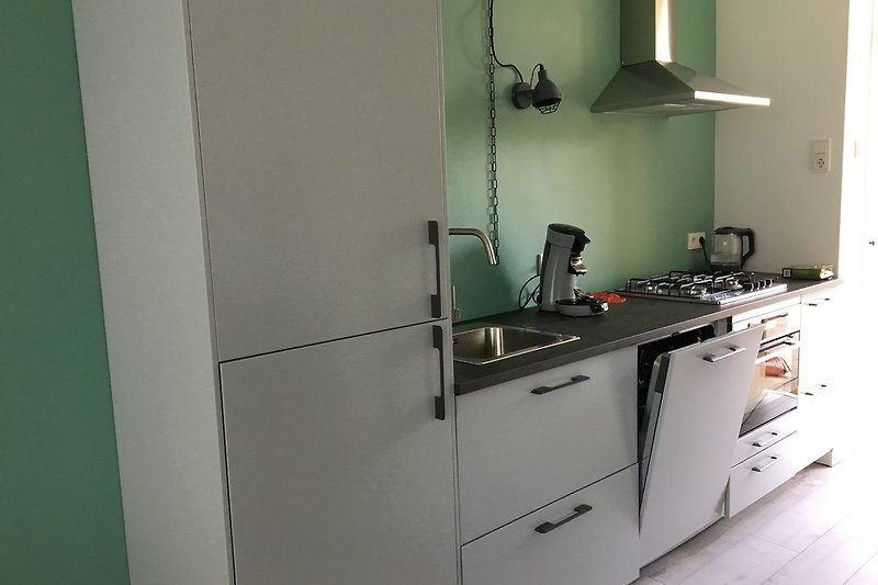 Kuhinja s uređajima. (Pećnica, mikrovalna, kombinirani hladnjak i zamrzivač, perilica posuđa i napa)