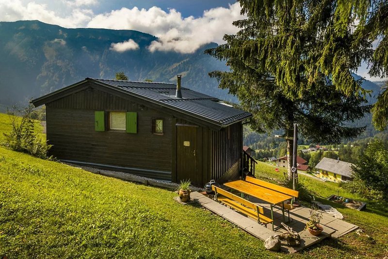 Ferienhaus mit Bergblick, grüner Landschaft und Holzhütte.