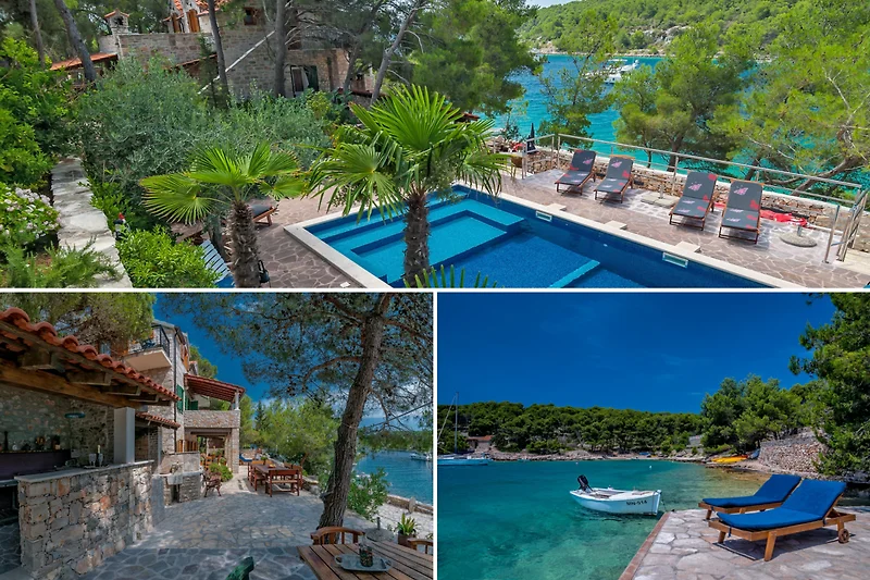 Tropische Insel mit Palmen, Lagune und türkisfarbenem Wasser.