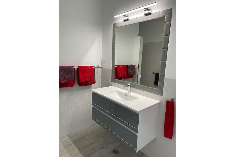 Ein modernes Badezimmer mit Spiegel, Waschbecken und Fliesen.