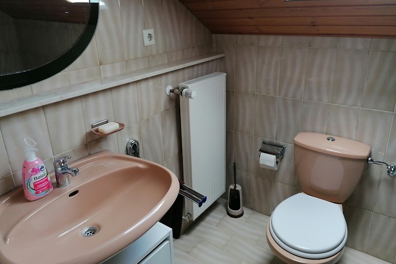 View of the top-floor bathroom showing wash basin and toilet