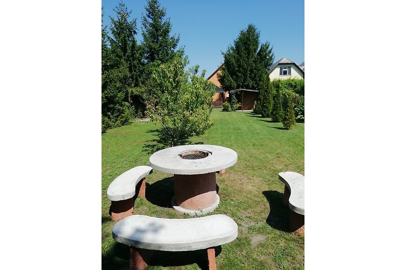 Garten mit Pflanzen, Bäumen, Tischen und Stühlen.